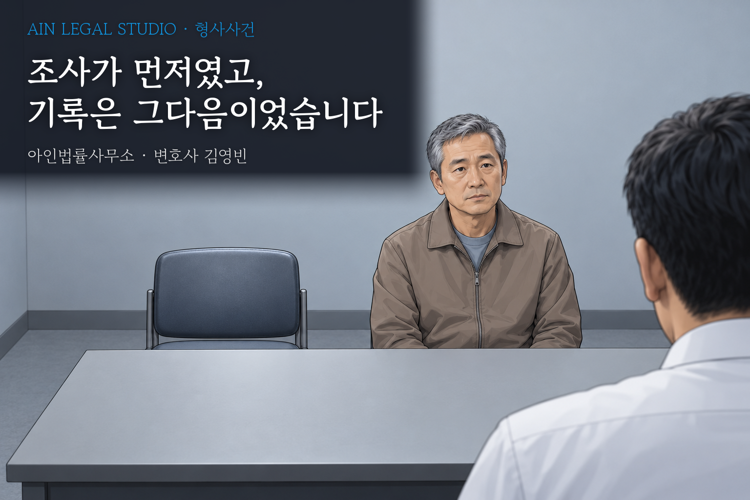 조사실 책상 앞에 변호인 없이 혼자 앉은 피의자와 바로 옆 빈 의자를 그린 삽화 — 「조사가 먼저였고, 기록은 그다음이었습니다」라는 글귀가 얹힌 이미지