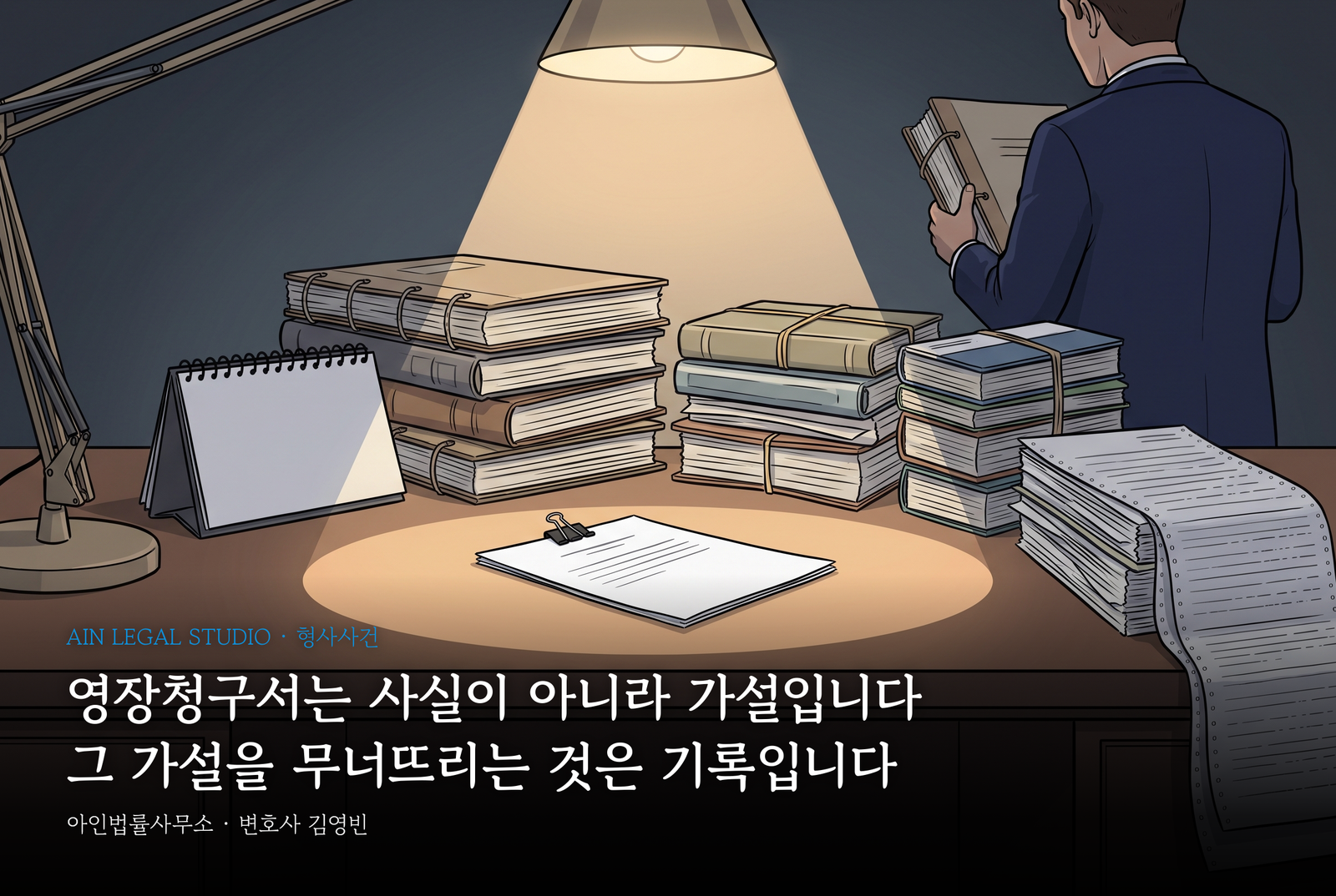 스탠드 불빛 아래 책상 가운데 놓인 얇은 영장청구서 한 부와 그 뒤로 끈으로 묶어 쌓은 장부 더미·탁상 달력·연속 용지에 뽑은 통화 내역, 장부를 펼쳐 든 변호사의 뒷모습 — 「영장청구서는 사실이 아니라 가설입니다 / 그 가설을 무너뜨리는 것은 기록입니다」라는 글귀가 얹힌 삽화
