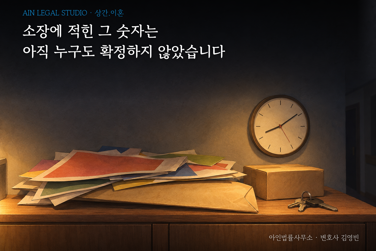 어두운 방 수납장 위에 흩어진 서류와 서류 봉투, 작은 상자와 열쇠, 벽시계를 그린 삽화 — 「소장에 적힌 그 숫자는 아직 누구도 확정하지 않았습니다」라는 글귀가 얹힌 이미지