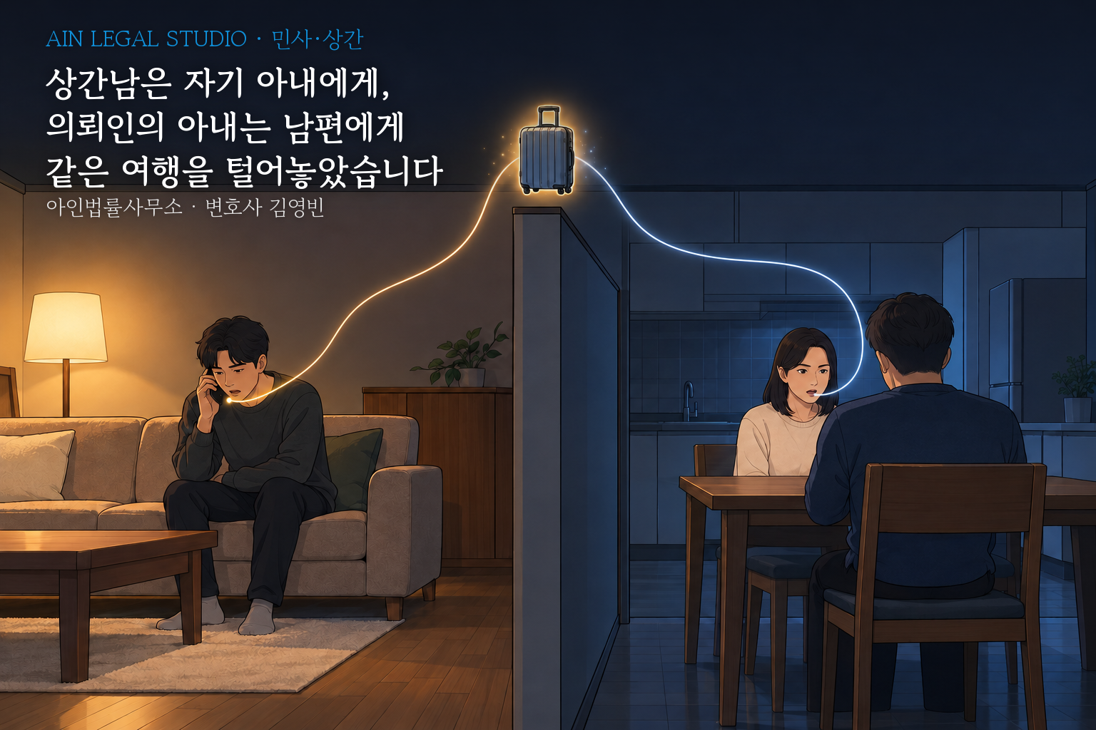 벽으로 나뉜 두 방에서 전화하는 상간남과 남편을 마주 보고 말하는 아내, 두 사람의 말이 벽 위 여행 가방 하나에서 만나는 삽화 — 「상간남은 자기 아내에게, 의뢰인의 아내는 남편에게 같은 여행을 털어놓았습니다」라는 글귀가 얹힌 이미지