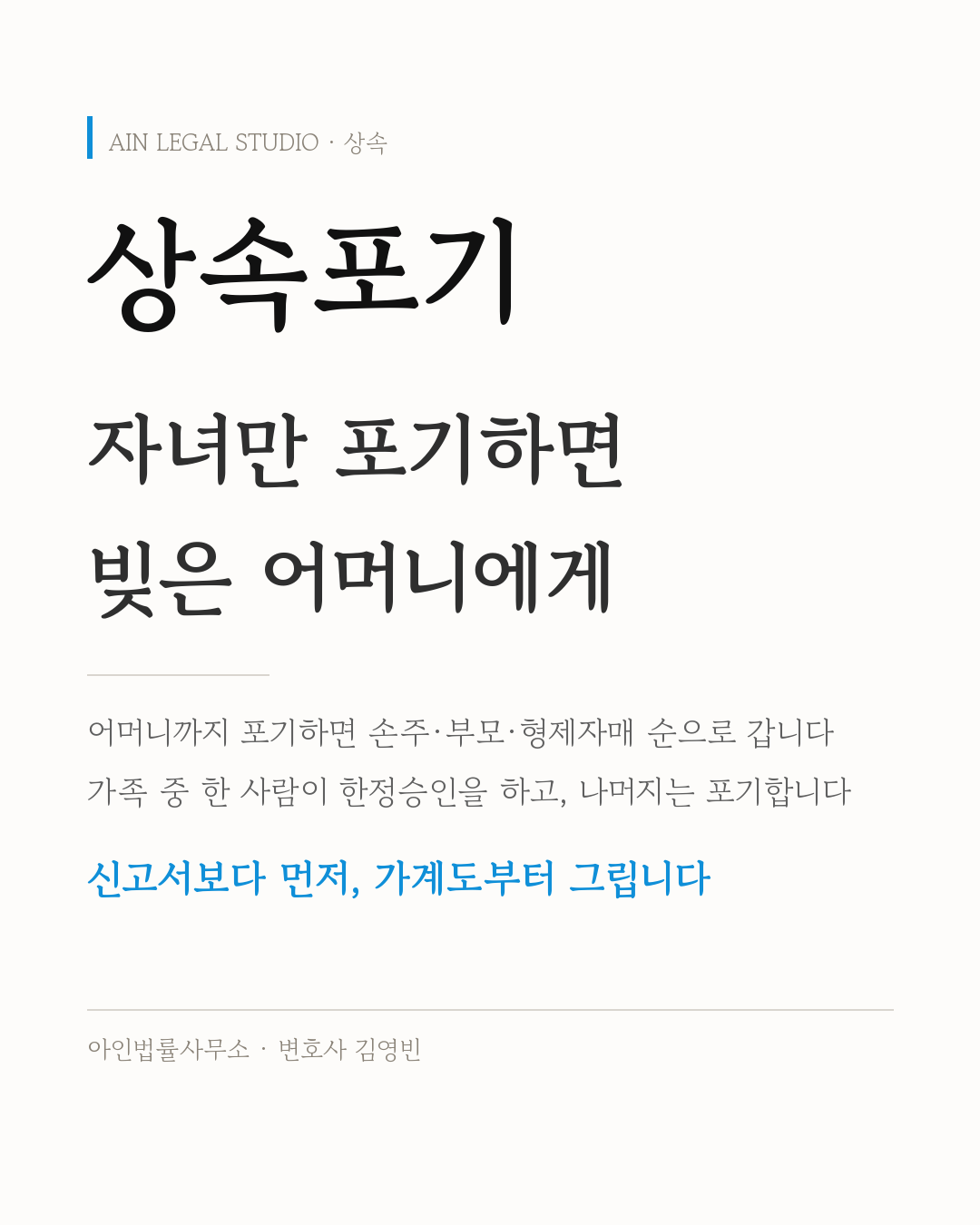 상속포기 — 자녀만 포기하면 빚은 어머니에게 간다는 요지와, 어머니까지 포기하면 손주·부모·형제자매 순으로 넘어가니 가계도부터 그린다는 내용을 적은 정보 카드