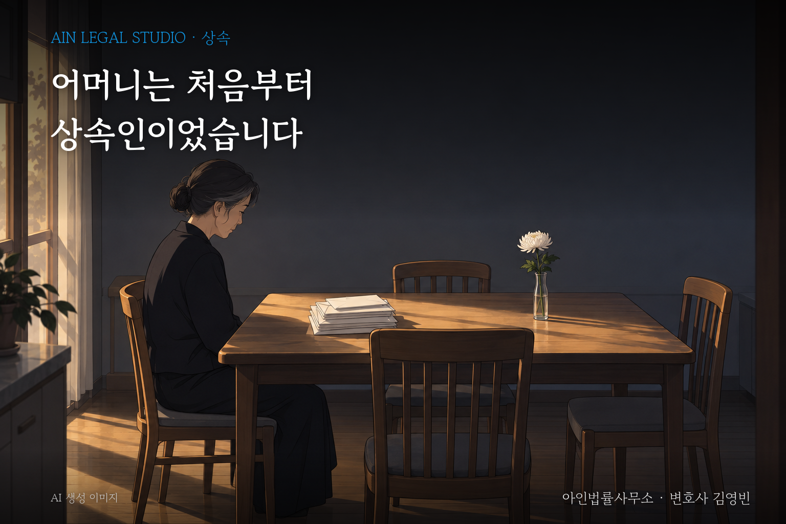 장례를 치른 뒤 집 식탁에 혼자 앉은 어머니와 빈 의자, 쌓인 봉투와 국화 한 송이를 그린 삽화 — 「어머니는 처음부터 상속인이었습니다」라는 글귀가 얹힌 이미지