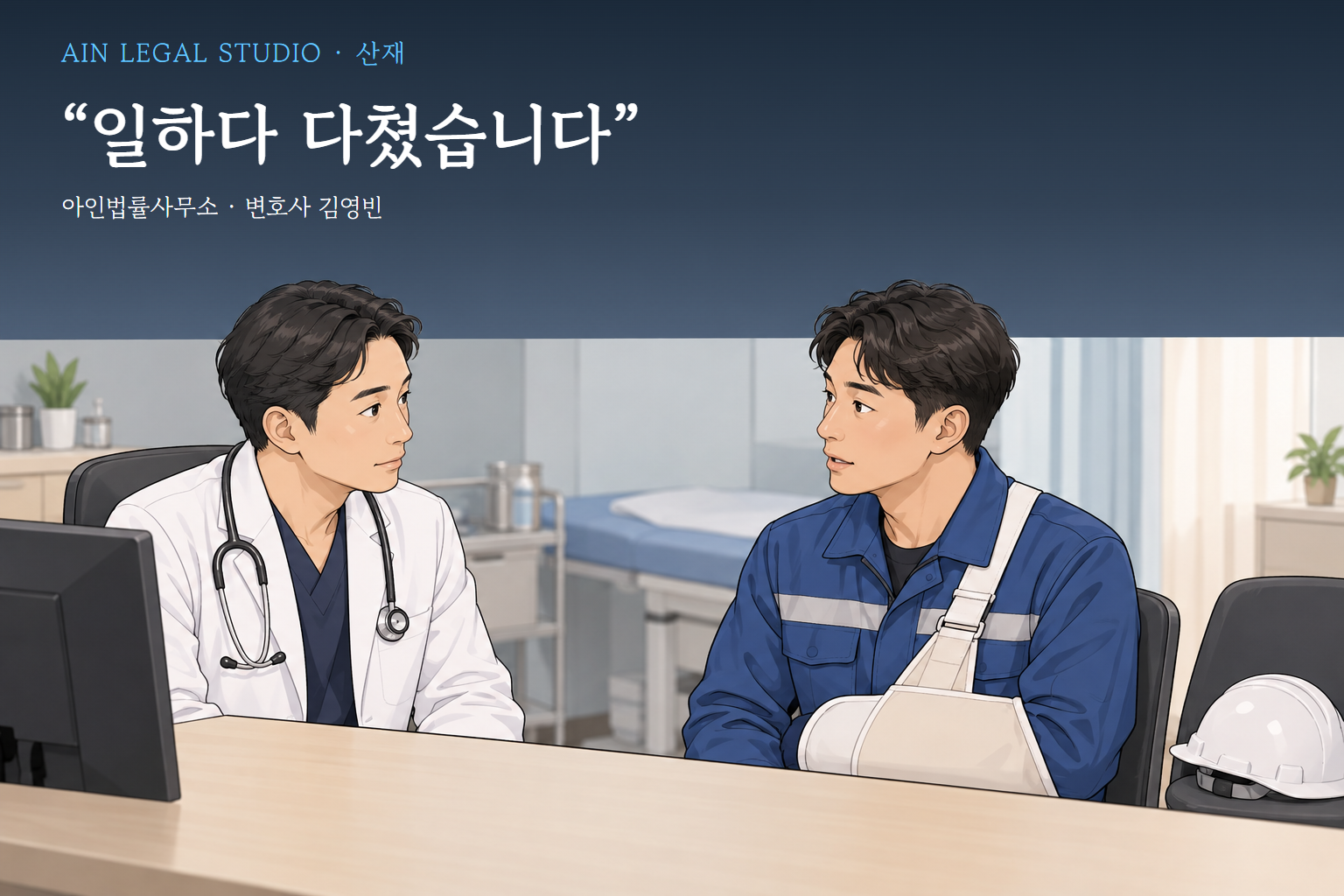 진료실에서 팔걸이 붕대를 한 작업복 차림의 근로자가 의사에게 다친 경위를 말하는 첫 진료 장면을 그린 삽화 — 「일하다 다쳤습니다」라는 글귀가 얹힌 이미지
