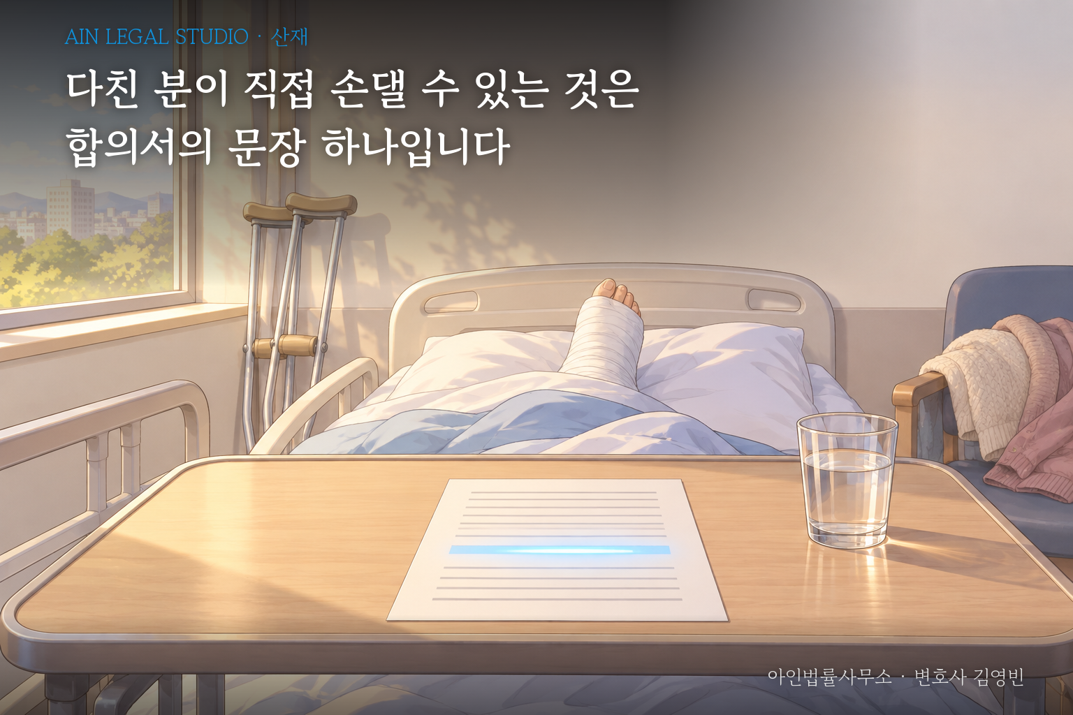 낮의 병실, 다리에 깁스를 한 환자의 침대 앞 테이블 위에 한 줄이 빛나는 합의서 한 장을 그린 삽화 — 「다친 분이 직접 손댈 수 있는 것은 합의서의 문장 하나입니다」라는 글귀가 얹힌 이미지