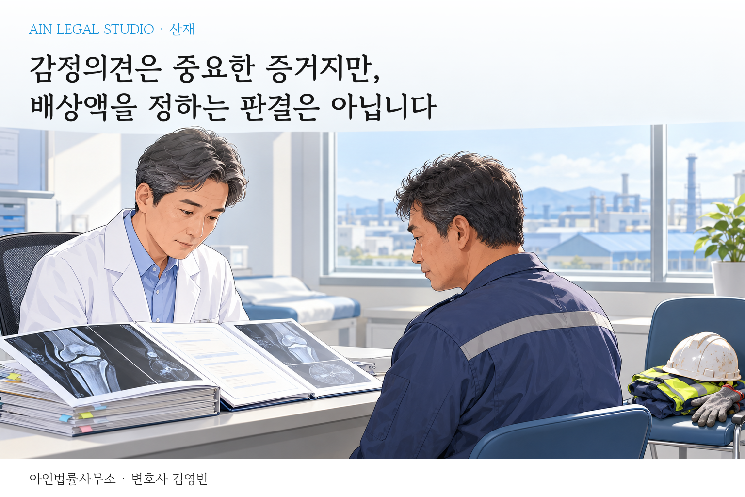 진료실에서 의사가 무릎 엑스레이와 진료기록을 넘겨 보고 작업복 차림의 근로자가 마주 앉은 신체감정 장면을 그린 삽화 — 「감정의견은 중요한 증거지만, 배상액을 정하는 판결은 아닙니다」라는 글귀가 얹힌 이미지