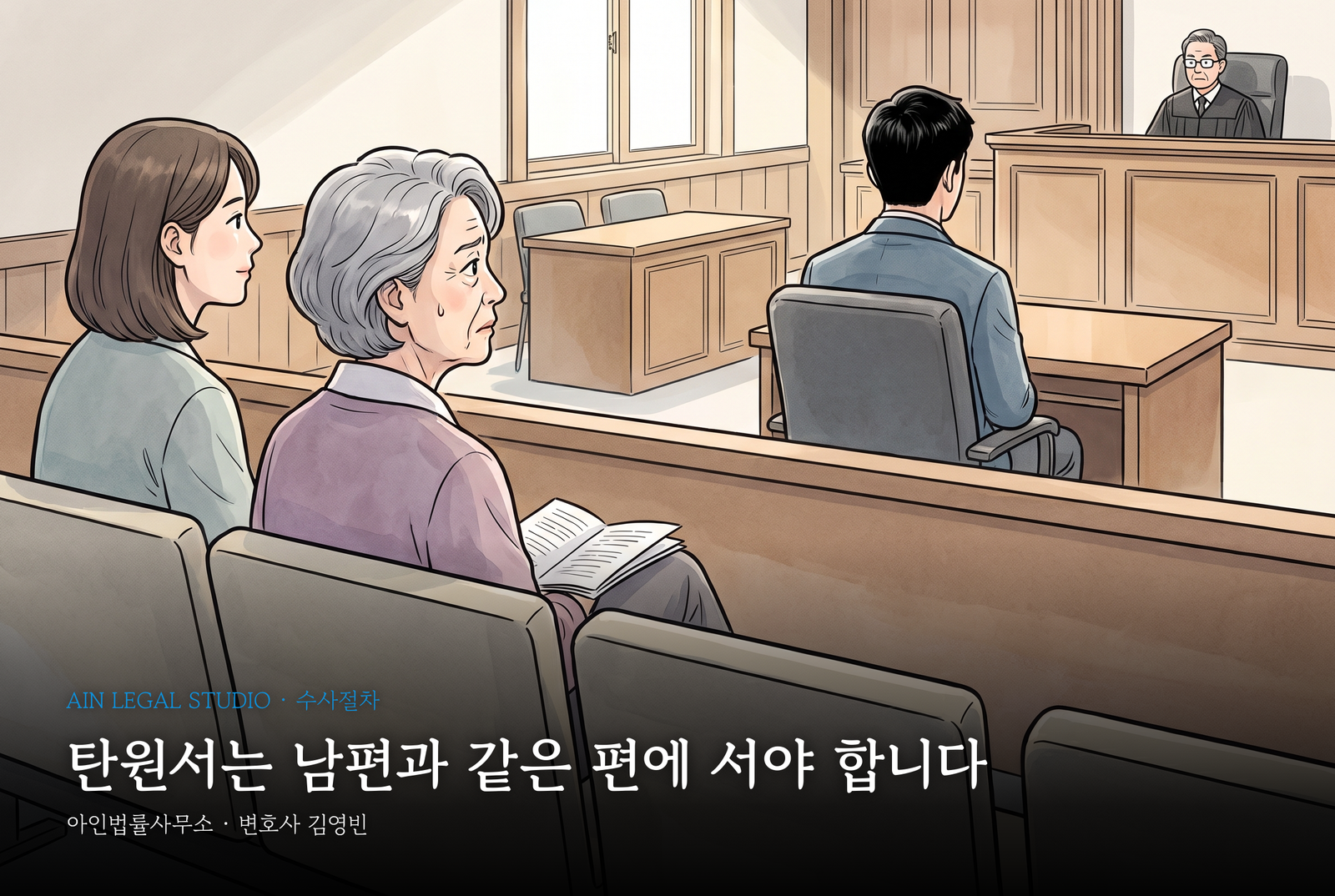 법정 방청석에서 피고인석의 남편 등을 바라보는 아내와 시어머니, 무릎 위의 탄원서 — 탄원서는 남편과 같은 편에 서야 한다는 삽화
