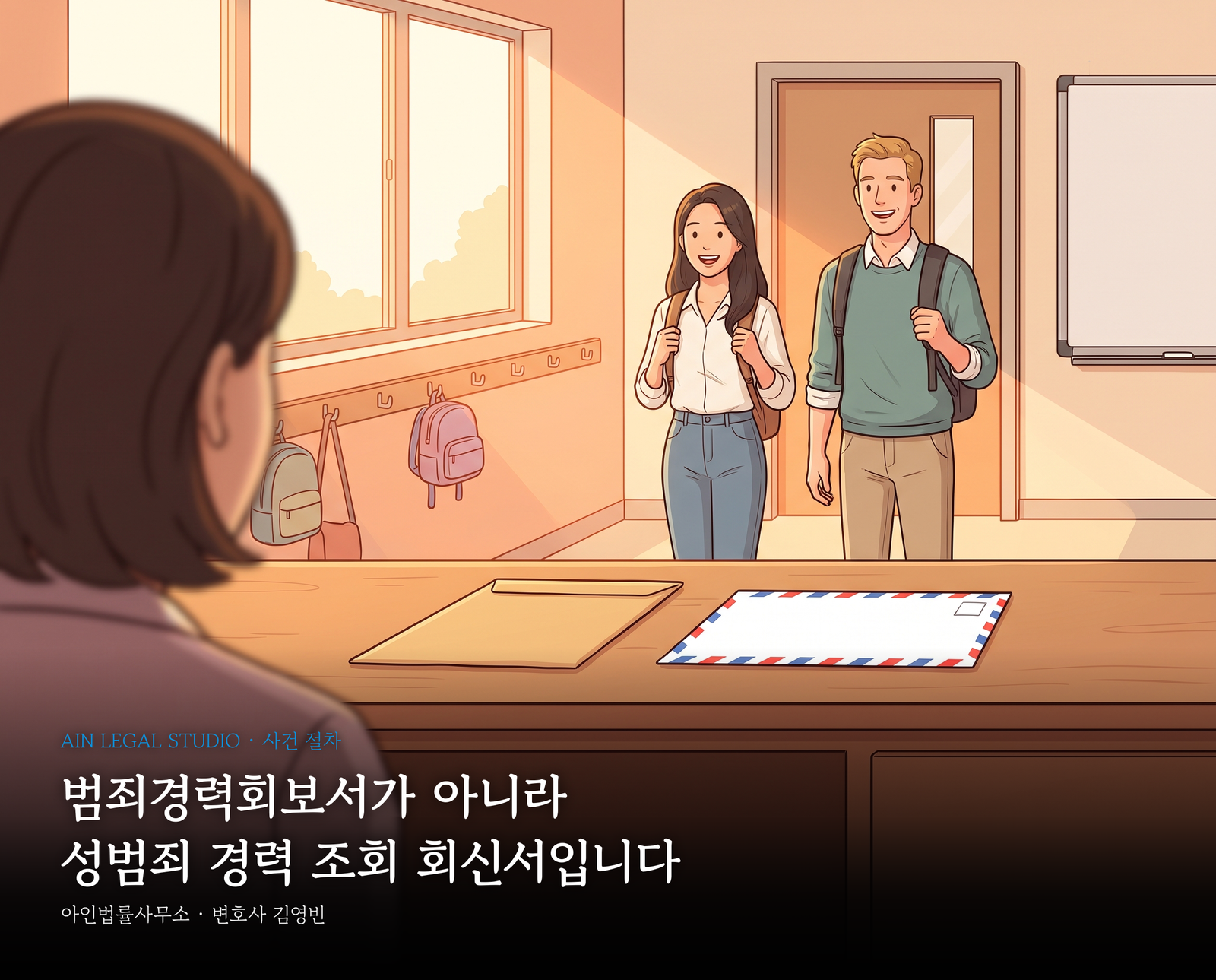 늦은 오후 영어학원 로비 — 데스크 위에 놓인 갈색 봉투와 국제우편 봉투, 교실 문 앞의 새 강사 2명, 앞쪽의 흐릿한 원장 뒷모습 — 「범죄경력회보서가 아니라 / 성범죄 경력 조회 회신서입니다」라는 글귀가 얹힌 삽화