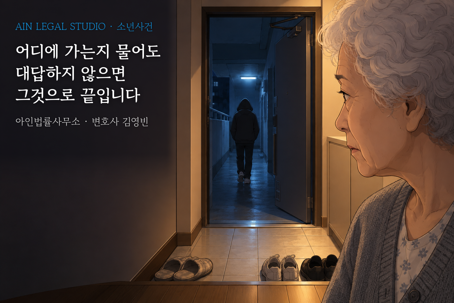 밤 아파트 현관에서 어두운 복도로 나가는 후드티 차림 10대의 뒷모습과 그 등을 바라보는 할머니를 그린 삽화 — 「어디에 가는지 물어도 대답하지 않으면 그것으로 끝입니다」라는 글귀가 얹힌 이미지