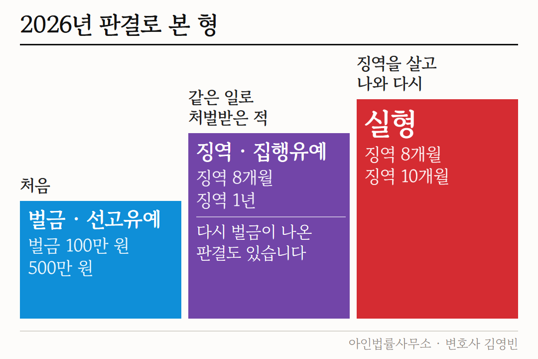 판결로 본 형 도해 — 처음이면 벌금·선고유예(벌금 100만 원·500만 원), 같은 일로 처벌받은 적이 있으면 징역·집행유예(징역 8개월·1년, 다시 벌금이 나온 판결도 있음), 징역을 살고 나와 다시 하면 실형(징역 8개월·10개월)인 세 단계