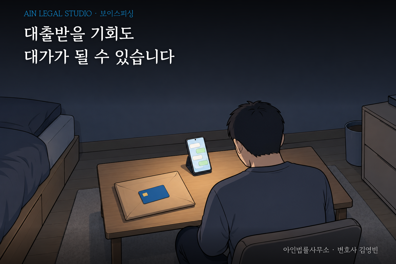 밤 원룸 책상 앞에 앉은 사람의 뒷모습과 거치대 위 휴대전화 대화창, 택배 봉투 위에 놓인 체크카드를 그린 삽화 — 「대출받을 기회도 대가가 될 수 있습니다」라는 글귀가 얹힌 이미지
