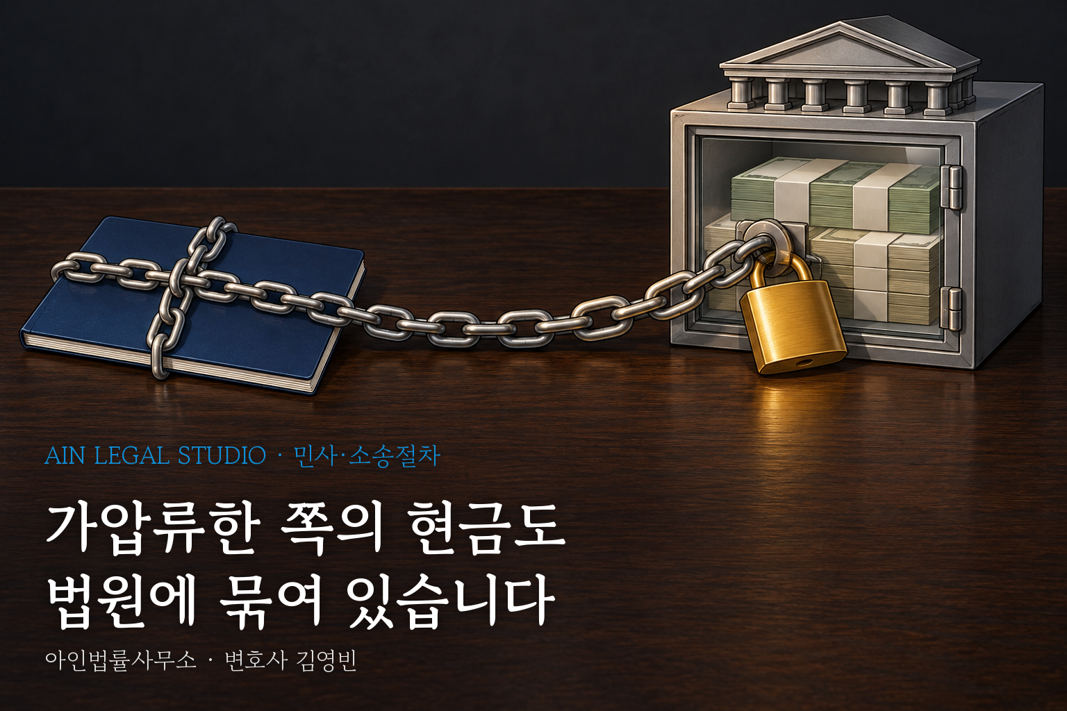 은행 통장을 감은 쇠사슬이 법원 공탁 보관함 속 현금의 자물쇠로 이어지는 정물 삽화 — 「가압류한 쪽의 현금도 법원에 묶여 있습니다」라는 글귀가 얹힌 이미지