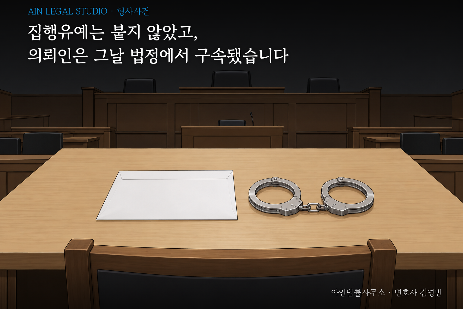 사람이 없는 법정의 피고인석 책상 위에 놓인 흰 봉투와 수갑을 그린 삽화 — 「집행유예는 붙지 않았고, 의뢰인은 그날 법정에서 구속됐습니다」라는 글귀가 얹힌 이미지